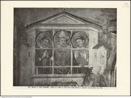 Vorderseite von Alinari [https://www.deutsche-digitale-bibliothek.de/content/lizenzen/rv-ez/] Szenen aus dem Leben des heiligen Sixtus IISüdwand, Ostjoch, unteres Register: der heilige Sixtus mit seinen Diakonen (Felicissimus und Agapitus) im Gefängnis - Gesamtansicht, bh036473_recto. Foto.