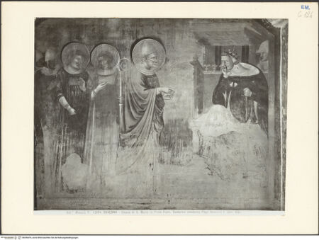 Vorderseite von Alinari [https://www.deutsche-digitale-bibliothek.de/content/lizenzen/rv-ez/] Szenen aus dem Leben des heiligen Sixtus IISüdwand, Westjoch, unteres Register: der heilige Sixtus mit seinen Diakonen (Felicissimus und Agapitus) vor Kaiser Decius - Gesamtansicht, bh036474_recto. Foto.