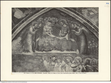 Vorderseite von Alinari [https://www.deutsche-digitale-bibliothek.de/content/lizenzen/rv-ez/] Jüngstes Gericht und Taten des Antichrists; Szenen aus dem Leben Marias; Szenen aus dem Leben ChristiSüdwand, Lünette: die Marienkrönung - Gesamtansicht, bh036480_recto. Foto.