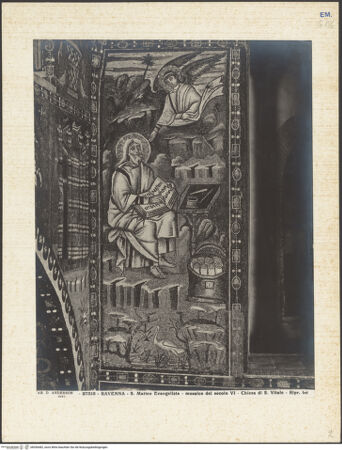 Vorderseite von Alinari [https://www.deutsche-digitale-bibliothek.de/content/lizenzen/rv-ez/] Dekoration des PresbyteriumsDie Evangelisten Matthäus und Markus; Moses und der brennende Dornbusch; Moses kommt zum Berg Horeb; Jesaja; das Opfer von Abel und MelchisedekWeinrebe, die aus einer Vase sprießt, umgeben von Vögeln; Kreuz; die Evangelisten Matthäus und Markus - Der Evangelist Matthäus, bh036482_recto. Foto.