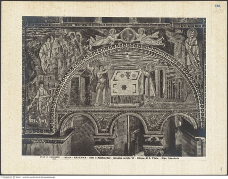 Vorderseite von Alinari [https://www.deutsche-digitale-bibliothek.de/content/lizenzen/rv-ez/] Dekoration des PresbyteriumsDie Evangelisten Matthäus und Markus; Moses und der brennende Dornbusch; Moses kommt zum Berg Horeb; Jesaja; das Opfer von Abel und MelchisedekMoses und der brennende Dornbusch; während er die Schafe Jethros hütet, kommt Moses zum Berg Horeb; Jesaja; das Opfer von Abel und Melchisedek - Gesamtansicht, bh036517_recto. Foto.