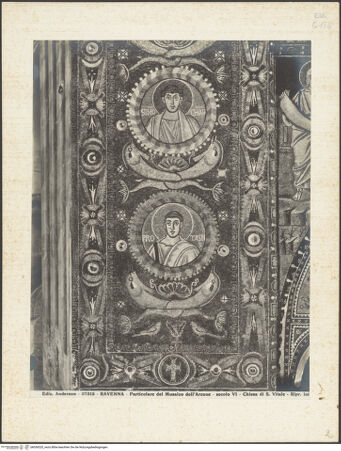 Vorderseite von Alinari [https://www.deutsche-digitale-bibliothek.de/content/lizenzen/rv-ez/] Dekoration des PresbyteriumsChristus zwischen den Aposteln und den Heiligen Gervasius und Protasius - Der Apostel Simon und der heilige Protasius (linke Seite), bh036520_recto. Foto.