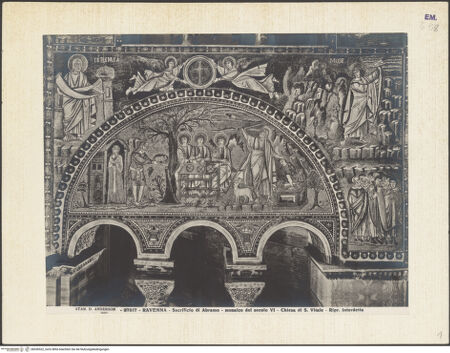 Vorderseite von Alinari [https://www.deutsche-digitale-bibliothek.de/content/lizenzen/rv-ez/] Dekoration des PresbyteriumsDie Evangelisten Johannes und Lukas, Jeremia, Szenen aus dem Leben von Moses und AbrahamJeremia; Moses erhält das Gesetz von Gott; das Volk Israel, während Moses das Gesetz erhält; der Besuch der drei Engel bei Abraham; das Isaaksopfer - Gesamtansicht, bh036522_recto. Foto.