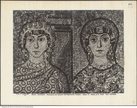 Vorderseite von Alinari [https://www.deutsche-digitale-bibliothek.de/content/lizenzen/rv-ez/] Dekoration des PresbyteriumsChristus als Kosmokrator zwischen Engeln, dem heiligen Vitalis und Bischof Ecclesius; Die Opferung von Kaiser Justinian; Die Opferung der Kaiserin TeodoraDie Opferung der Kaiserin Teodora, umgeben von ihrem Hofstaat - Der Hofstaat der Kaiserin Teodora, Detail, bh036533_recto. Foto.