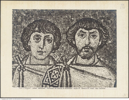 Vorderseite von Alinari [https://www.deutsche-digitale-bibliothek.de/content/lizenzen/rv-ez/] Dekoration des PresbyteriumsChristus als Kosmokrator zwischen Engeln, dem heiligen Vitalis und Bischof Ecclesius; Die Opferung von Kaiser Justinian; Die Opferung der Kaiserin TeodoraDie Opferung von Kaiser Justinian, umgeben von seinem Hofstaat und Bischof Maximianus - Würdenträger, bh036537_recto. Foto.