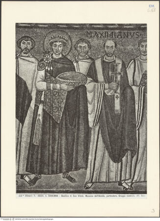 Vorderseite von Alinari [https://www.deutsche-digitale-bibliothek.de/content/lizenzen/rv-ez/] Dekoration des PresbyteriumsChristus als Kosmokrator zwischen Engeln, dem heiligen Vitalis und Bischof Ecclesius; Die Opferung von Kaiser Justinian; Die Opferung der Kaiserin TeodoraDie Opferung von Kaiser Justinian, umgeben von seinem Hofstaat und Bischof Maximianus - Kaiser Justinian, Belisarius (?) und Bischof Maximianus, bh036543_recto. Foto.