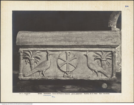 Vorderseite von Alinari [https://www.deutsche-digitale-bibliothek.de/content/lizenzen/rv-ez/] Sarkophag des Exarch Isacio des Armenier (Isacio l'Armeno, gest. 643) - Rückseite (Chrismon zwischen Pfauen und Palmen), bh036553_recto. Foto.