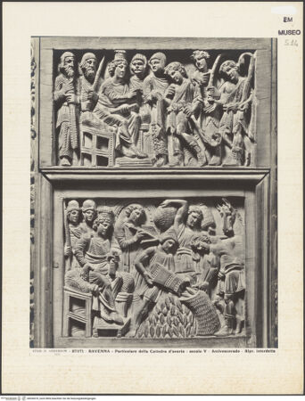 Vorderseite von Alinari [https://www.deutsche-digitale-bibliothek.de/content/lizenzen/rv-ez/] Kathedra des Bischofs MaximianusArmlehne links: Joseph verkündet seinen Brüdern, daß er einen von ihnen als Geisel in Ägypten festhalten will und sucht sich Simeon aus und läßt ihn fesseln; Josephs Brüdern wird Getreide gegeben; Joseph deutet die Träume des Pharao; die Begegnung Jakobs und Josephs in Goschen; der erste Traum des Pharao: sieben fette Kühe werden von fünf mageren Kühen verschlungen - Oberer Teil (Joseph verkündet seinen Brüdern, daß er einen von ihnen als Geisel in Ägypten festhalten will und sucht sich Simeon aus und läßt ihn fesseln; Josephs Brüdern wird Getreide gegeben), bh036570_recto. Foto.