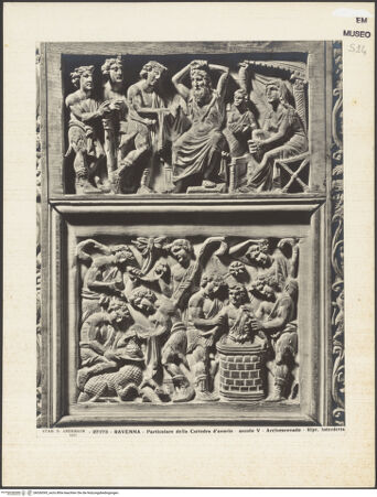 Vorderseite von Alinari [https://www.deutsche-digitale-bibliothek.de/content/lizenzen/rv-ez/] Kathedra des Bischofs MaximianusArmlehne rechts: Josephs blutbesudelter Mantel wird zu Jakob gebracht;  Josephs Brüder tauchen dessen Mantel in das Blut eines Zickleins und Joseph wird in eine Grube geworfen; Joseph wird für zwanzig Stücke Silber verkauft; Joseph auf seinem Weg nach Ägypten und Joseph wird an Potiphar verkauft; Potiphars Frau versucht Joseph zu verführen und Joseph wird gefangengenommen und in das Gefängnis geworfen - Oberer Teil (Josephs blutbesudelter Mantel wird zu Jakob gebracht;  Josephs Brüder tauchen dessen Mantel in das Blut eines Zickleins und Joseph wird in eine Grube geworfen), bh036595_recto. Foto.
