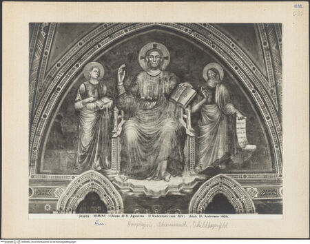 Vorderseite von Alinari [https://www.deutsche-digitale-bibliothek.de/content/lizenzen/rv-ez/] Thronender Christus zwischen den heiligen Johannes dem Evangelisten und Johannes dem Täufer; thronende Madonna; szenen aus dem Leben von Johannes dem Evangelisten und dem heiligen Augustinus; Heiligen und StifterinnenSegnender Christus mit Johannes dem Täufer und Johannes Evangelista - Gesamtansicht, bh036603_recto. Foto.