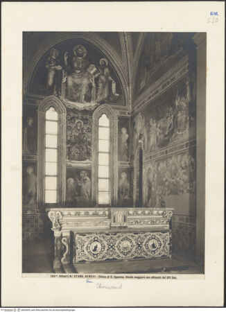 Vorderseite von Alinari [https://www.deutsche-digitale-bibliothek.de/content/lizenzen/rv-ez/] Thronender Christus zwischen den heiligen Johannes dem Evangelisten und Johannes dem Täufer; thronende Madonna; szenen aus dem Leben von Johannes dem Evangelisten und dem heiligen Augustinus; Heiligen und Stifterinnen - Südost- und Südwestwand, bh036605_recto. Foto.