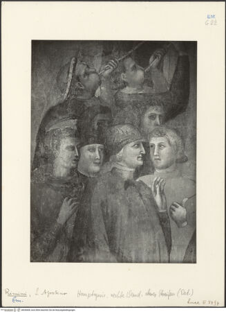 Vorderseite von ICCD [https://www.deutsche-digitale-bibliothek.de/content/lizenzen/rv-ez/] Thronender Christus zwischen den heiligen Johannes dem Evangelisten und Johannes dem Täufer; thronende Madonna; szenen aus dem Leben von Johannes dem Evangelisten und dem heiligen Augustinus; Heiligen und StifterinnenJohannes schreibt auf der Insel Patmos; Rückkehr nach Ephesus; Auferweckung der Drusiana - Auferweckung der Drusiana in Ephesus, Detail: Figurengruppe am linken unteren Bildrand, bh036608_recto. Foto.