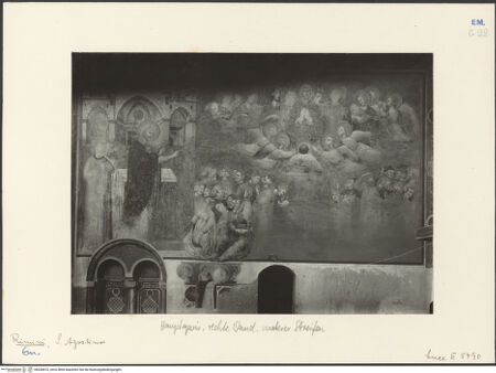 Vorderseite von ICCD [https://www.deutsche-digitale-bibliothek.de/content/lizenzen/rv-ez/] Thronender Christus zwischen den heiligen Johannes dem Evangelisten und Johannes dem Täufer; thronende Madonna; szenen aus dem Leben von Johannes dem Evangelisten und dem heiligen Augustinus; Heiligen und StifterinnenJohannes predigt; Tod des Johannes - Gesamtansicht, bh036610_recto. Foto.