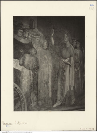 Vorderseite von ICCD [https://www.deutsche-digitale-bibliothek.de/content/lizenzen/rv-ez/] Thronender Christus zwischen den heiligen Johannes dem Evangelisten und Johannes dem Täufer; thronende Madonna; szenen aus dem Leben von Johannes dem Evangelisten und dem heiligen Augustinus; Heiligen und StifterinnenJohannes schreibt auf der Insel Patmos; Rückkehr nach Ephesus; Auferweckung der Drusiana - Auferweckung der Drusiana in Ephesus, Detail, bh036611_recto. Foto.