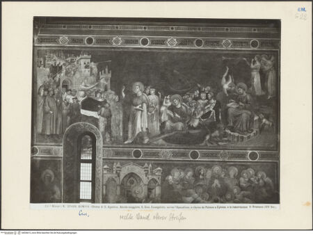 Vorderseite von Alinari [https://www.deutsche-digitale-bibliothek.de/content/lizenzen/rv-ez/] Thronender Christus zwischen den heiligen Johannes dem Evangelisten und Johannes dem Täufer; thronende Madonna; szenen aus dem Leben von Johannes dem Evangelisten und dem heiligen Augustinus; Heiligen und StifterinnenJohannes schreibt auf der Insel Patmos; Rückkehr nach Ephesus; Auferweckung der Drusiana - Gesamtansicht, bh036613_recto. Foto.