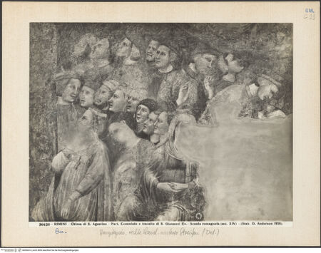 Vorderseite von Alinari [https://www.deutsche-digitale-bibliothek.de/content/lizenzen/rv-ez/] Thronender Christus zwischen den heiligen Johannes dem Evangelisten und Johannes dem Täufer; thronende Madonna; szenen aus dem Leben von Johannes dem Evangelisten und dem heiligen Augustinus; Heiligen und StifterinnenJohannes predigt; Tod des Johannes - Johannes predigt, Detail, bh036614_recto. Foto.