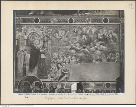 Vorderseite von Alinari [https://www.deutsche-digitale-bibliothek.de/content/lizenzen/rv-ez/] Thronender Christus zwischen den heiligen Johannes dem Evangelisten und Johannes dem Täufer; thronende Madonna; szenen aus dem Leben von Johannes dem Evangelisten und dem heiligen Augustinus; Heiligen und StifterinnenJohannes predigt; Tod des Johannes - Gesamtansicht, bh036615_recto. Foto.