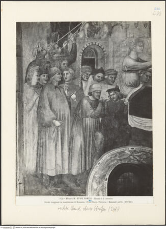 Vorderseite von Alinari [https://www.deutsche-digitale-bibliothek.de/content/lizenzen/rv-ez/] Thronender Christus zwischen den heiligen Johannes dem Evangelisten und Johannes dem Täufer; thronende Madonna; szenen aus dem Leben von Johannes dem Evangelisten und dem heiligen Augustinus; Heiligen und StifterinnenJohannes schreibt auf der Insel Patmos; Rückkehr nach Ephesus; Auferweckung der Drusiana - Auferweckung der Drusiana in Ephesus, Detail: Figurengruppe am linken unteren Bildrand, bh036616_recto. Foto.