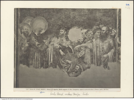 Vorderseite von Alinari [https://www.deutsche-digitale-bibliothek.de/content/lizenzen/rv-ez/] Thronender Christus zwischen den heiligen Johannes dem Evangelisten und Johannes dem Täufer; thronende Madonna; szenen aus dem Leben von Johannes dem Evangelisten und dem heiligen Augustinus; Heiligen und StifterinnenJohannes trinkt aus dem Giftkelch, der ihm vom Priester der Diana gegeben worden ist - Linke Bildhälfte, Detail, bh036618_recto. Foto.