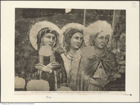 Vorderseite von Alinari [https://www.deutsche-digitale-bibliothek.de/content/lizenzen/rv-ez/] Jüngstes Gericht - Detail: Maria und zwei Engel (Aufnahme vor der Abnahme der Fresken), bh036623_recto. Foto.