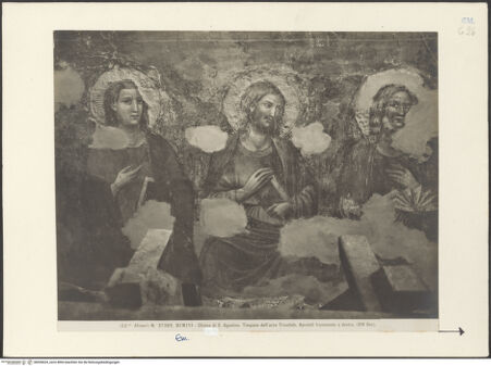 Vorderseite von Alinari [https://www.deutsche-digitale-bibliothek.de/content/lizenzen/rv-ez/] Jüngstes Gericht - Linke Hälfte, Detail: drei Apostel (Aufnahme vor der Abnahme der Fresken), bh036624_recto. Foto.