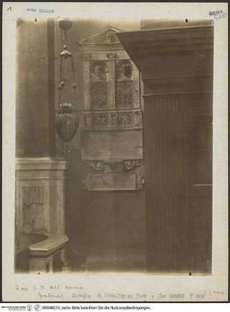 Vorderseite von Bibliotheca Hertziana [https://www.deutsche-digitale-bibliothek.de/content/lizenzen/rv-fz/] Grabmonument des Bernhard Sculteti (Schultheiss) und des Johannes Knybe - Gesamtansicht, bh040012_recto. Foto: Lindner, Paul.