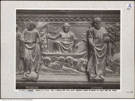 Vorderseite von Alinari [https://www.deutsche-digitale-bibliothek.de/content/lizenzen/rv-ez/] Thronende Madonna zwischen den Erzengeln Michael und Gabriel, darunter die zwölf Apostel - Detail: drei Apostel, bh040677_recto. Foto.