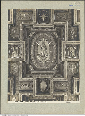 Vorderseite von Alinari [https://www.deutsche-digitale-bibliothek.de/content/lizenzen/rv-ez/] Holzdecke - Zentrale Kassette mit Maria Immaculata, umgeben von Mariensymbolen, bh045005_recto. Foto.