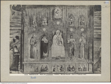 Vorderseite von Alinari [https://www.deutsche-digitale-bibliothek.de/content/lizenzen/rv-ez/] Kapellenausmalung: Geschichte des heiligen Hieronymus und HeiligeScheinpolyptychon: Maria mit Kind und Heiligen - Gesamtansicht, bh045152_recto. Foto.