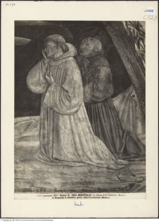 Vorderseite von Alinari [https://www.deutsche-digitale-bibliothek.de/content/lizenzen/rv-ez/] Kapellenausmalung: Geschichte des heiligen Hieronymus und HeiligeDer Gekreuzigte zwischen Engeln und den heiligen Dominikus, Franz von Assisi, Romuald und Sylvester - Detail: die heiligen Romuald und Sylvester, bh045155_recto. Foto.