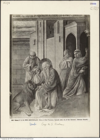 Vorderseite von Alinari [https://www.deutsche-digitale-bibliothek.de/content/lizenzen/rv-ez/] Kapellenausmalung: Geschichte des heiligen Hieronymus und HeiligeSzenen aus dem Leben des heiligen HieronymusDer heilige Hieronymus zieht dem Löwen den Dorn heraus - Gesamtansicht, bh045157_recto. Foto.