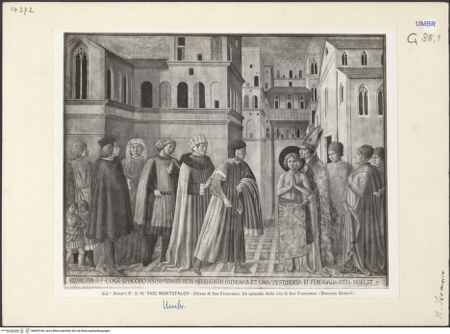 Vorderseite von Alinari [https://www.deutsche-digitale-bibliothek.de/content/lizenzen/rv-fz/] Szenen aus dem Leben des heiligen Franz von Assisi und HeiligeStigmatisation des Franziskus, Vogelpredigt, Segnung des Bischofs von Montefalco, Lossagung vom Vater und Bekleidung des Franziskus durch den Bischof von Assisi - Unteres Register: Lossagung vom Vater und Bekleidung des Franziskus durch den Bischof von Assisi, bh045168_recto. Foto.