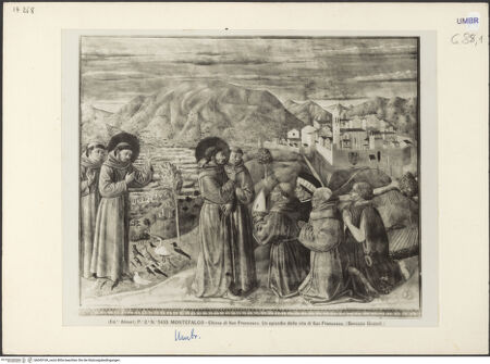 Vorderseite von Alinari [https://www.deutsche-digitale-bibliothek.de/content/lizenzen/rv-fz/] Szenen aus dem Leben des heiligen Franz von Assisi und HeiligeStigmatisation des Franziskus, Vogelpredigt, Segnung des Bischofs von Montefalco, Lossagung vom Vater und Bekleidung des Franziskus durch den Bischof von Assisi - Mittleres Register: Vogelpredigt, bh045169_recto. Foto.