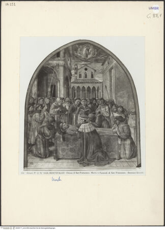 Vorderseite von Alinari [https://www.deutsche-digitale-bibliothek.de/content/lizenzen/rv-fz/] Szenen aus dem Leben des heiligen Franz von Assisi und HeiligeTod des Franziskus und Himmelfahrt, Tod des Edlen von Celano, Vision des Dominikus, Begegnung des Dominikus mit Franziskus - Oberes Register: Tod des Franziskus, bh045171_recto. Foto.