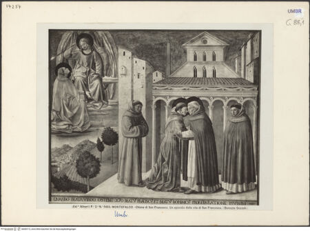 Vorderseite von Alinari [https://www.deutsche-digitale-bibliothek.de/content/lizenzen/rv-fz/] Szenen aus dem Leben des heiligen Franz von Assisi und HeiligeTod des Franziskus und Himmelfahrt, Tod des Edlen von Celano, Vision des Dominikus, Begegnung des Dominikus mit Franziskus - Unteres Register: Begegnung des Dominikus mit Franziskus, bh045172_recto. Foto.