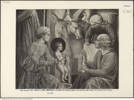 Vorderseite von Alinari [https://www.deutsche-digitale-bibliothek.de/content/lizenzen/rv-ez/] Szenen aus dem Leben des heiligen Franz von Assisi und HeiligeWeihnachtsfeier in Greccio, Traum Innocenz' III., Honorius III. bestätigt die Franziskanerregel, Geburt des Franziskus, Christus als Pilger vor dem Elternhaus, Huldigung des einfachen Mannes, Sockel mit historischen Figuren - Unteres Register: Geburt des heiligen Franziskus, Detail, bh045174_recto. Foto.