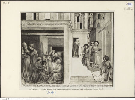 Vorderseite von Alinari [https://www.deutsche-digitale-bibliothek.de/content/lizenzen/rv-ez/] Szenen aus dem Leben des heiligen Franz von Assisi und HeiligeWeihnachtsfeier in Greccio, Traum Innocenz' III., Honorius III. bestätigt die Franziskanerregel, Geburt des Franziskus, Christus als Pilger vor dem Elternhaus, Huldigung des einfachen Mannes, Sockel mit historischen Figuren - Unteres Register (Geburt des heiligen Franziskus und Christus als Pilger vor dem Elternhaus), bh045175_recto. Foto.