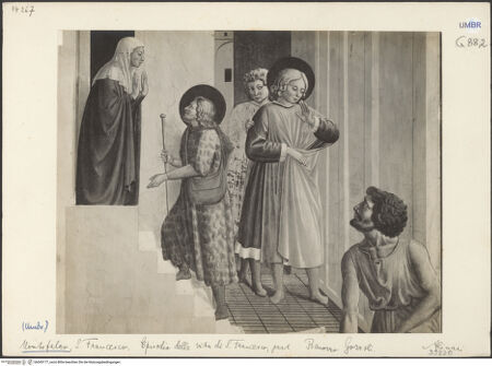 Vorderseite von Alinari [https://www.deutsche-digitale-bibliothek.de/content/lizenzen/rv-ez/] Szenen aus dem Leben des heiligen Franz von Assisi und HeiligeWeihnachtsfeier in Greccio, Traum Innocenz' III., Honorius III. bestätigt die Franziskanerregel, Geburt des Franziskus, Christus als Pilger vor dem Elternhaus, Huldigung des einfachen Mannes, Sockel mit historischen Figuren - Unteres Register, Christus als Pilger vor dem Elternhaus, Detail, bh045177_recto. Foto.