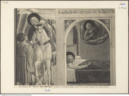 Vorderseite von Alinari [https://www.deutsche-digitale-bibliothek.de/content/lizenzen/rv-ez/] Szenen aus dem Leben des heiligen Franz von Assisi und HeiligeFeuerprobe vor dem Sultan, Vertreibung der Dämonen aus Arezzo, Mantelspende, Traum des Franziskus vom Himmlischen Palast - Unteres Register (Mantelspende, Traum des Franziskus vom Himmlischen Palast), bh045178_recto. Foto.