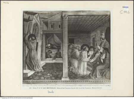 Vorderseite von Alinari [https://www.deutsche-digitale-bibliothek.de/content/lizenzen/rv-ez/] Szenen aus dem Leben des heiligen Franz von Assisi und HeiligeWeihnachtsfeier in Greccio, Traum Innocenz' III., Honorius III. bestätigt die Franziskanerregel, Geburt des Franziskus, Christus als Pilger vor dem Elternhaus, Huldigung des einfachen Mannes, Sockel mit historischen Figuren - Mittleres Register: Traum Innocenz' III. und Honorius III. bestätigt die Franziskanerregel, bh045180_recto. Foto.