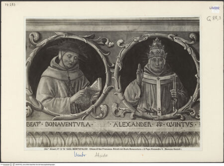 Vorderseite von Alinari [https://www.deutsche-digitale-bibliothek.de/content/lizenzen/rv-ez/] Szenen aus dem Leben des heiligen Franz von Assisi und HeiligeBerühmte Franziskaner und Förderer des Franziskanerordens (Medaillons) - Detail: Bonaventura da Bagnoregio und Papst Alexander V., bh045182_recto. Foto.