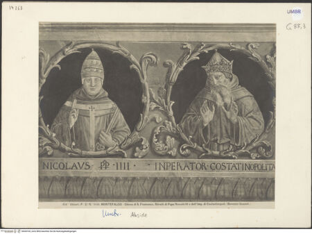 Vorderseite von Alinari [https://www.deutsche-digitale-bibliothek.de/content/lizenzen/rv-ez/] Szenen aus dem Leben des heiligen Franz von Assisi und HeiligeBerühmte Franziskaner und Förderer des Franziskanerordens (Medaillons) - Detail: Papst Nikolaus IV., Johannes von Brienne, bh045183_recto. Foto.