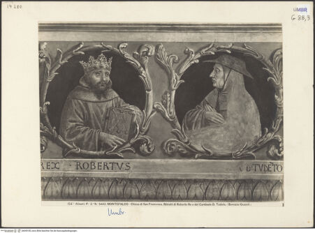 Vorderseite von Alinari [https://www.deutsche-digitale-bibliothek.de/content/lizenzen/rv-ez/] Szenen aus dem Leben des heiligen Franz von Assisi und HeiligeBerühmte Franziskaner und Förderer des Franziskanerordens (Medaillons) - Detail: König Robert von Neapel und Bentivenga dei Bentivenga di Todi, bh045185_recto. Foto.