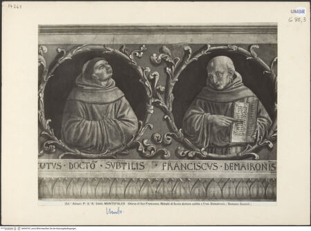 Vorderseite von Alinari [https://www.deutsche-digitale-bibliothek.de/content/lizenzen/rv-ez/] Szenen aus dem Leben des heiligen Franz von Assisi und HeiligeBerühmte Franziskaner und Förderer des Franziskanerordens (Medaillons) - Detail: Giovanni Duns Scoto und Francesco da Mayronis, bh045187_recto. Foto.