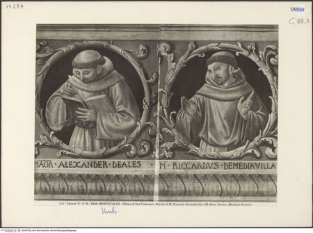 Vorderseite von Alinari [https://www.deutsche-digitale-bibliothek.de/content/lizenzen/rv-ez/] Szenen aus dem Leben des heiligen Franz von Assisi und HeiligeBerühmte Franziskaner und Förderer des Franziskanerordens (Medaillons) - Detail: Alessandro di Hales; Riccardo da Middleton, bh045188_recto. Foto.