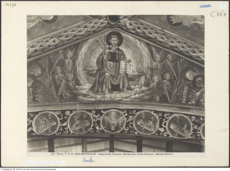 Vorderseite von Alinari [https://www.deutsche-digitale-bibliothek.de/content/lizenzen/rv-ez/] Szenen aus dem Leben des heiligen Franz von Assisi und HeiligeGlorie des Franziskus, Ludwig von Toulouse, Rosa von Viterbo, Bernhard von Siena, Katharina von Siena, Antonius von Padua - Detail: Glorie des Franziskus, bh045192_recto. Foto.