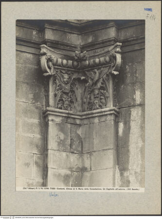 Vorderseite von Alinari [https://www.deutsche-digitale-bibliothek.de/content/lizenzen/rv-ez/] Kapitelle am AußenbauKapitell mit hängenden Voluten, zwischen den Akanthusblättern Seraph, Flammenbecken und geflügelter Maskaron (links) bzw. Vogel mit ausgebreiteten Flügeln, Vase und Maskaron (rechts) - Gesamtansicht, bh046099_recto. Foto.