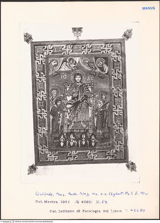 Vorderseite von Istituto di Patologia del Libro [https://www.deutsche-digitale-bibliothek.de/content/lizenzen/rv-ez/] Psalterium Egberti - Codex Gertrudianus (Salterio di Egberto - Codice Gertrudiano)Der thronende Christus krönt Jaropolk von Turov und Irina überreicht von den heiligen Petrus und Irina - Gesamtansicht, bh049442_recto. Foto.