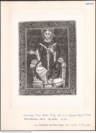 Vorderseite von Istituto di Patologia del Libro [https://www.deutsche-digitale-bibliothek.de/content/lizenzen/rv-ez/] Psalterium Egberti - Codex Gertrudianus (Salterio di Egberto - Codice Gertrudiano)Erzbischof Egbert nimmt das Buch an - Gesamtansicht, bh049444_recto. Foto.