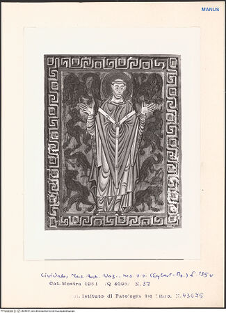 Vorderseite von Istituto di Patologia del Libro [https://www.deutsche-digitale-bibliothek.de/content/lizenzen/rv-ez/] Psalterium Egberti - Codex Gertrudianus (Salterio di Egberto - Codice Gertrudiano)Der heilige Modualdus, Erzbischof von Trier - Gesamtansicht, bh049447_recto. Foto.